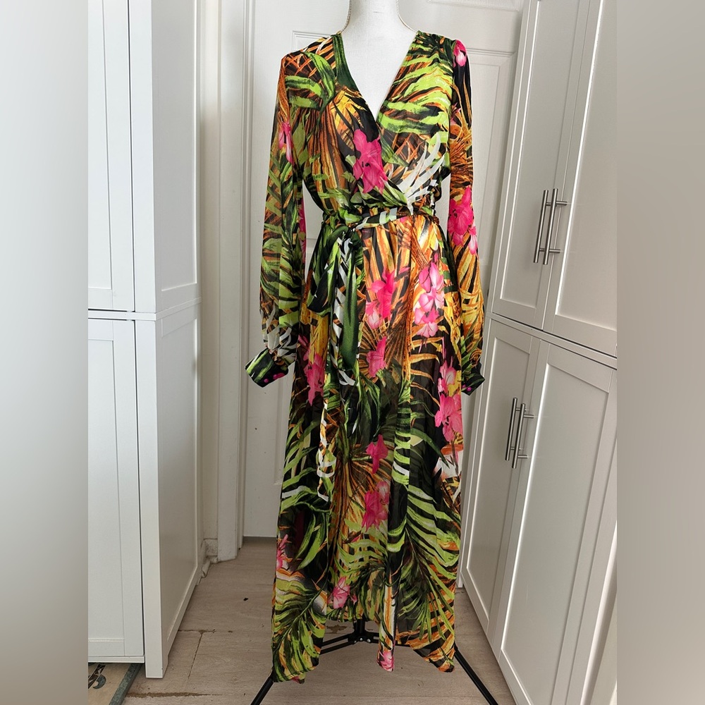 Vibrant Tropical Floral Coverup - Green & Pink  Size:Small